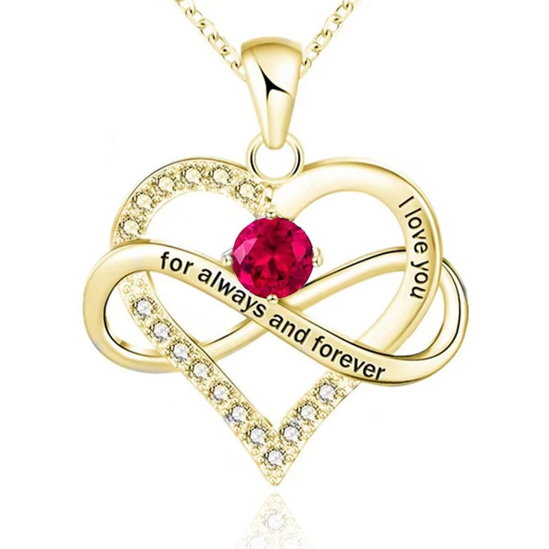 Infinity Intertwined Heart Engraved Birthstone Necklace, Eternal Love Heart Pendant Clavicle Chain with Birthstone