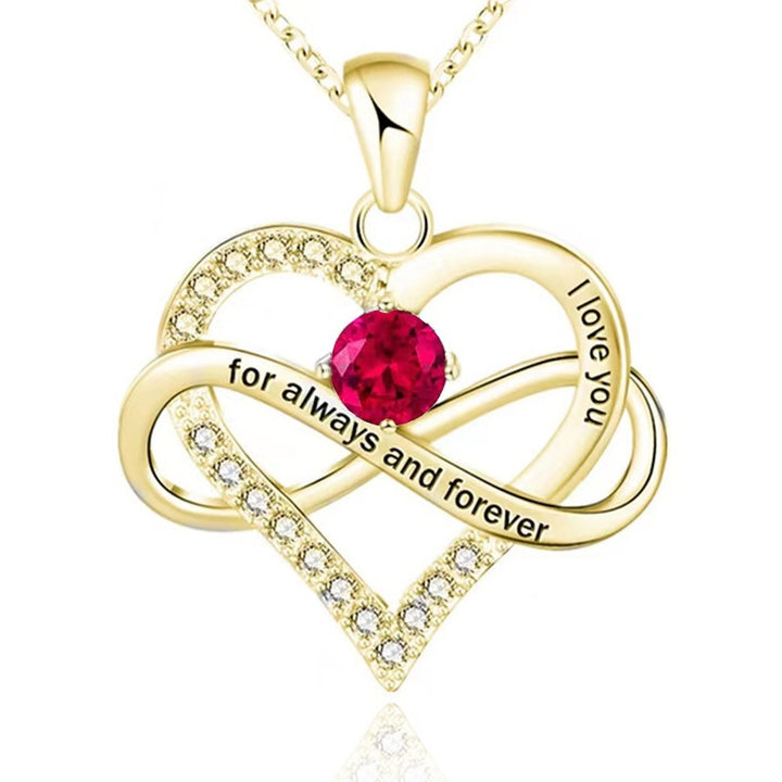 Infinity Intertwined Heart Engraved Birthstone Necklace, Eternal Love Heart Pendant Clavicle Chain with Birthstone