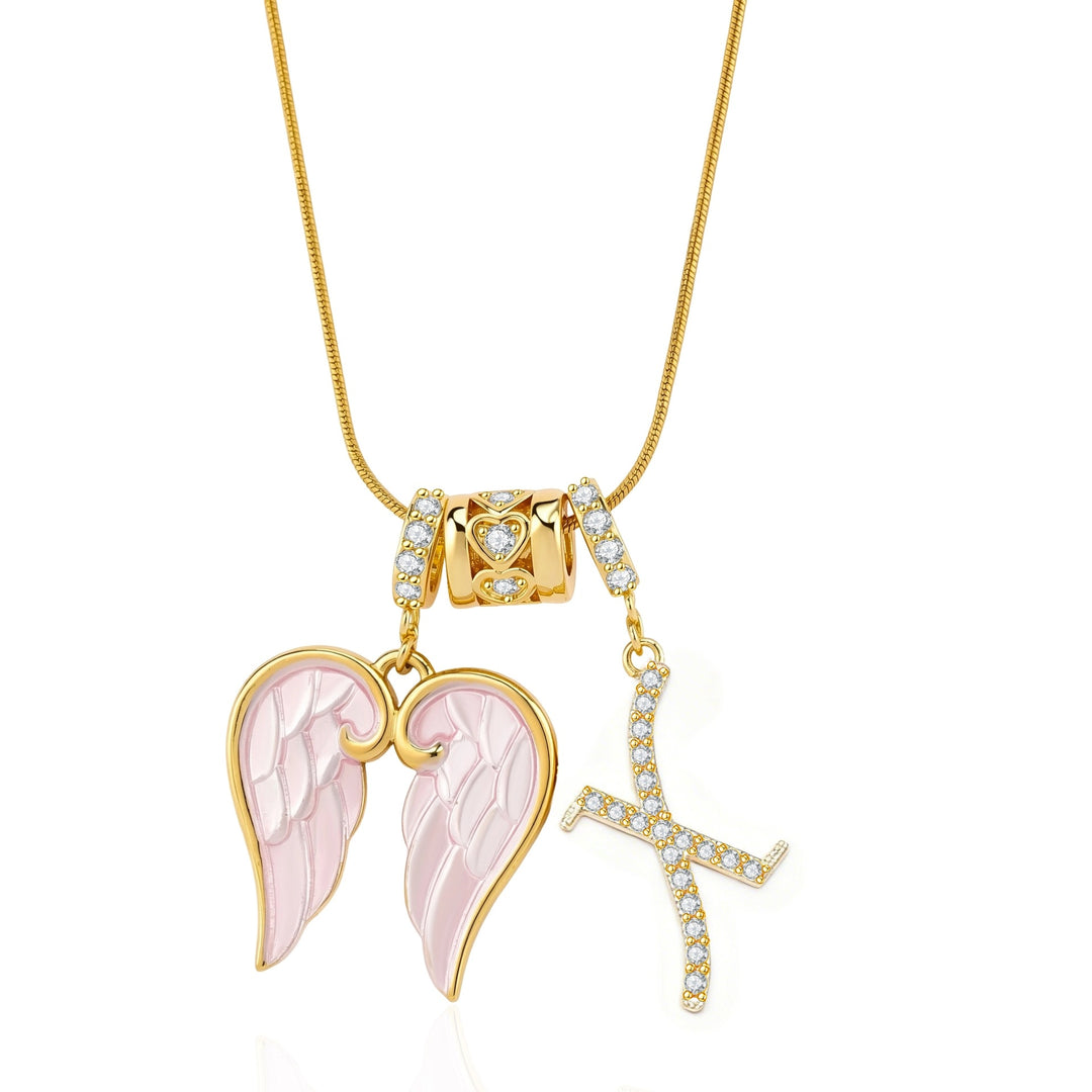 Pink Enamel Angel Wing Initial Necklace, Custom 26 Letters Gold Plated Diamond Pendant