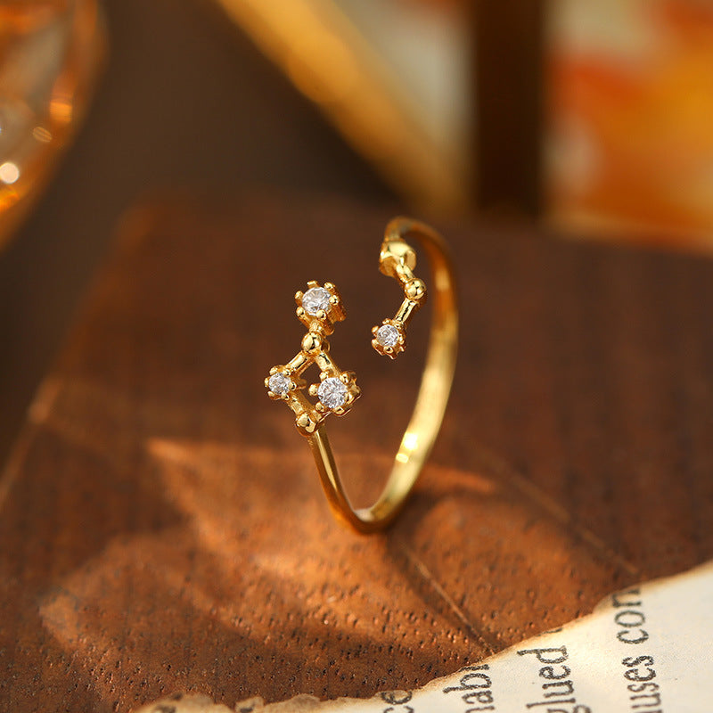 925 Silver Diamond-Inlaid 12 Constellations Open Adjustable Ring (Unisex Luxury Personalized Style)