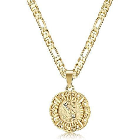 Vintage Lace Round 26 Letter Figaro Necklace, 14K Gold Plated Personal Initial Pendant Clavicle Chain