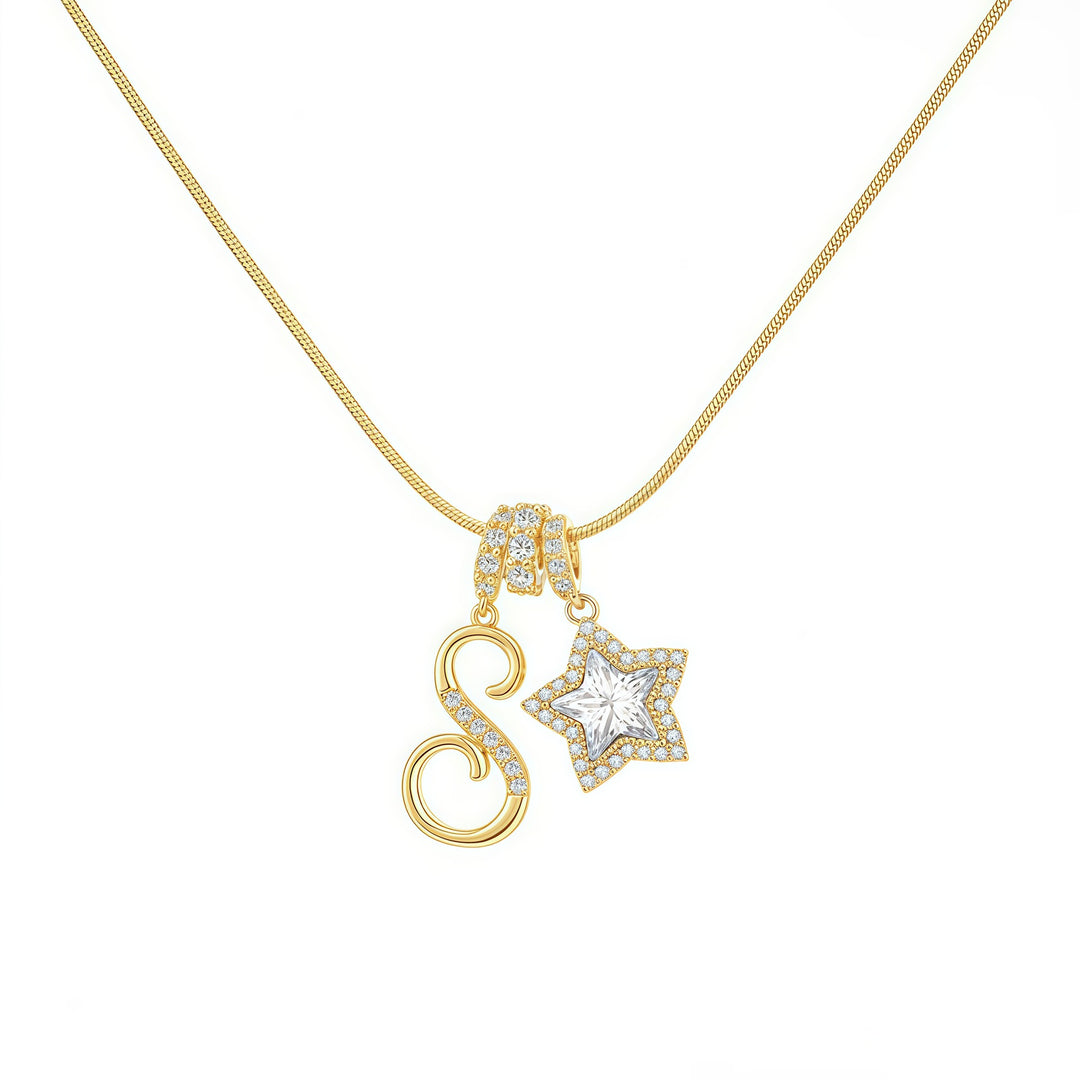 Script Initial Pave Star Dual Charm Snake Chain Necklace, Gold & Silver Custom Letter Choker