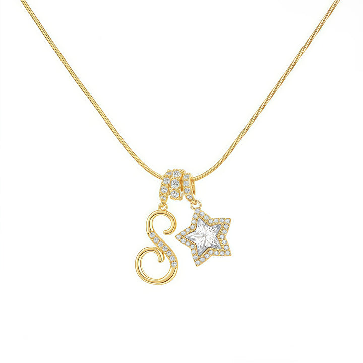 Script Initial Pave Star Dual Charm Snake Chain Necklace, Gold & Silver Custom Letter Choker