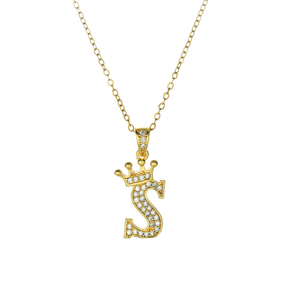Crown Paved Diamond Initial Letter Necklace, 14K Gold Plated Personalized Dainty Chain, A-Z Available