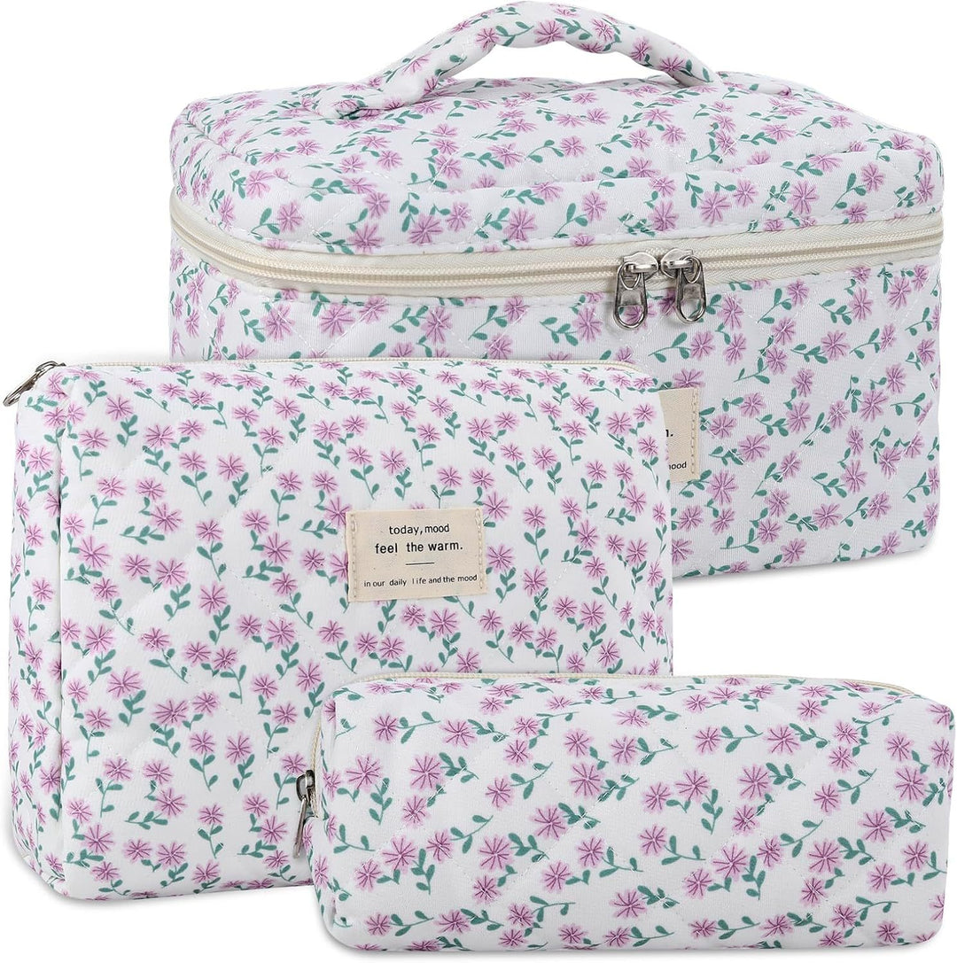 Floral Quilted 3-Piece Makeup Bag Set, Large Capacity Handheld Cosmetic Bag Portable Storage Pouch & Pencil Case Kit
