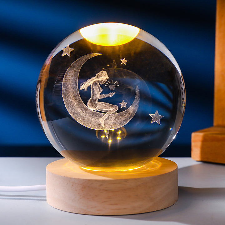 3D Laser Engraved Glowing Crystal Ball Ornament, Multi-Pattern Solid Wood Warm LED Base Night Light Gift