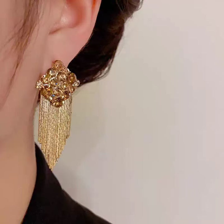 S925 Silver Multi-color Cluster Diamond Tassel Long Drop Earrings, Luxurious Slimming Earrings for Banquet
