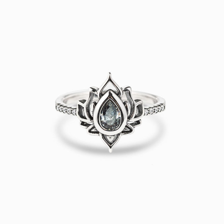 Lotus Teardrop Blue Diamond Ring (Vintage Silver-Style Statement Band)