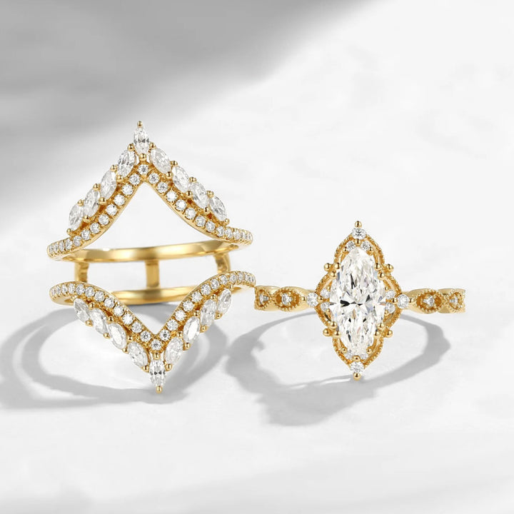 Marquise‑Cut V‑Shape 3‑Piece Stackable Ring Set, Three‑Tone Options