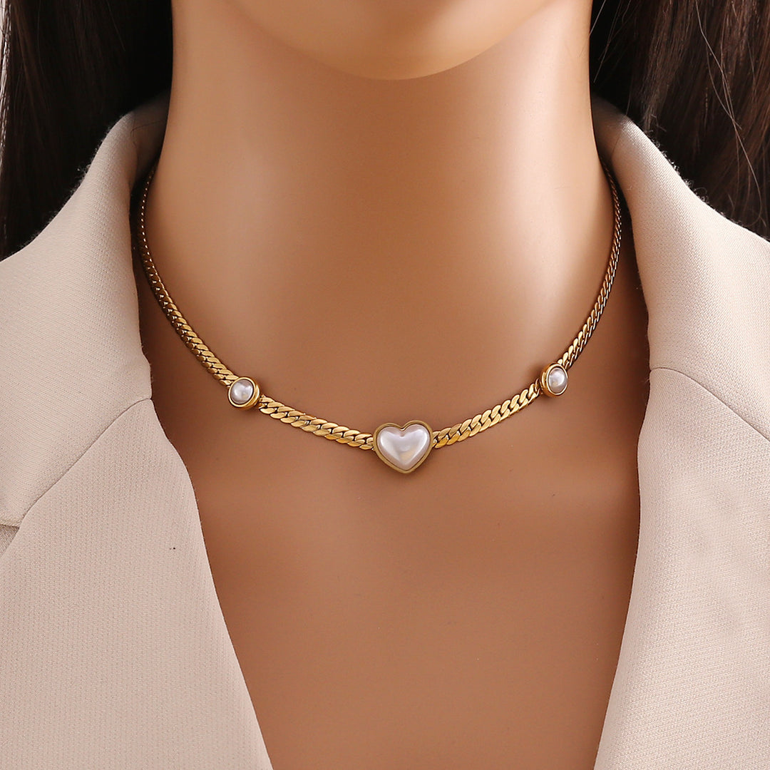White Mother-of-Pearl Heart Cuban Link Necklace & Earring Set (Vintage Luxury Style)