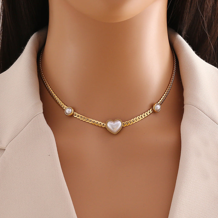 White Mother-of-Pearl Heart Cuban Link Necklace & Earring Set (Vintage Luxury Style)