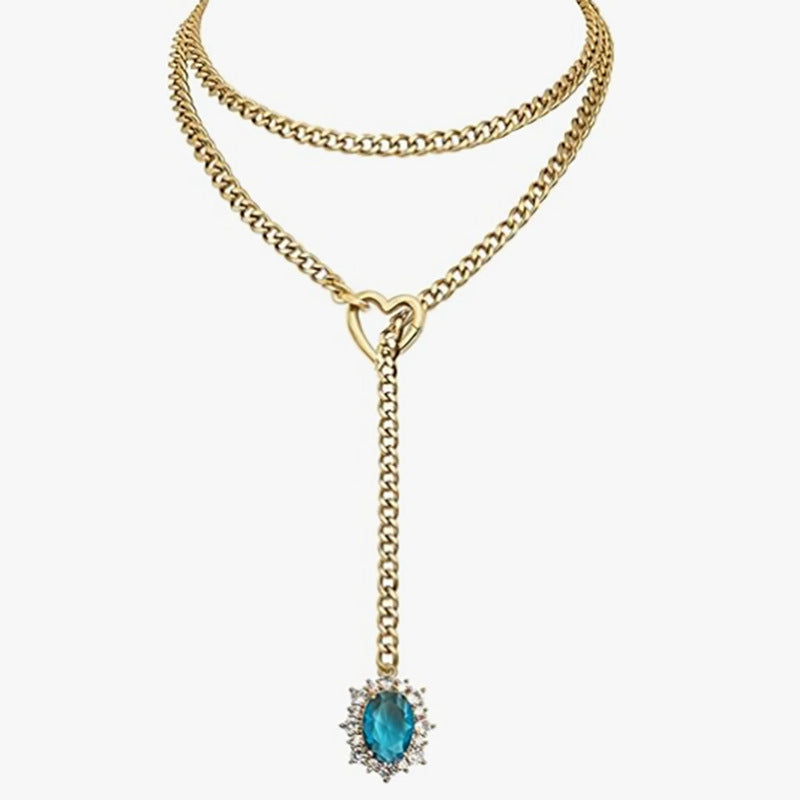 Double Layer Heart Clasp Colored Gem Y-Necklace