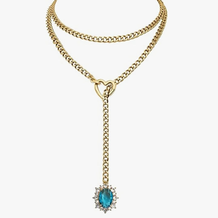 Double Layer Heart Clasp Colored Gem Y-Necklace