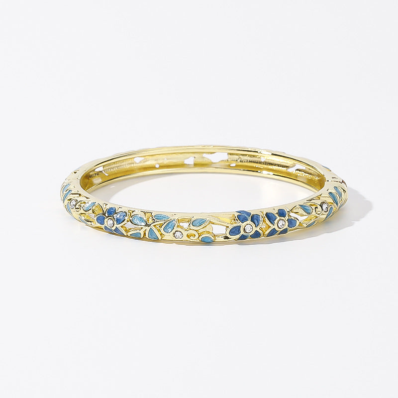Hollow‑Out Enamel Floral Inlaid Diamond Spring‑Opening Bangle, Multi‑Color Options