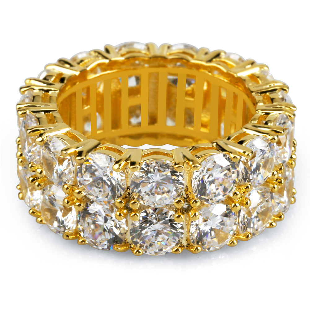 Double Row Round Diamond Full Eternity Ring, Gold Silver Yellow Stone Heavy Paved Wide Band