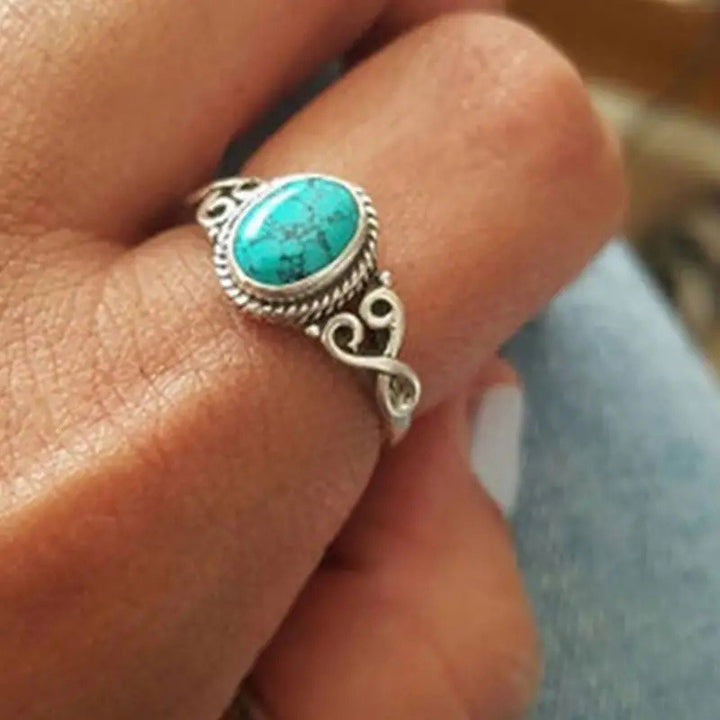 Vintage Turquoise Vines Carved Ring, 3-Tone Ethnic Oval Natural Stone Bohemian Ring for Women