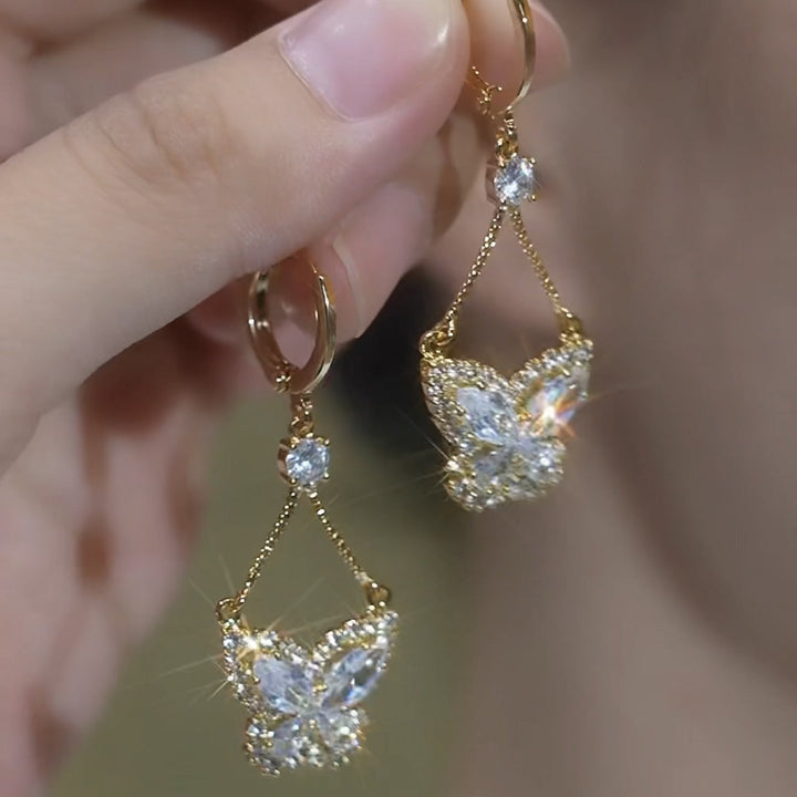 Gold Diamond Butterfly Long Drop Huggie Earrings, Luxury Dainty Chain Butterfly Earrings