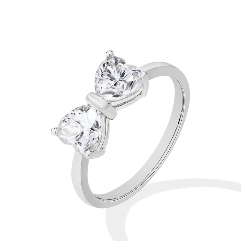 Double Heart Bow Diamond Ring (Girly Silver Tone Statement Band)