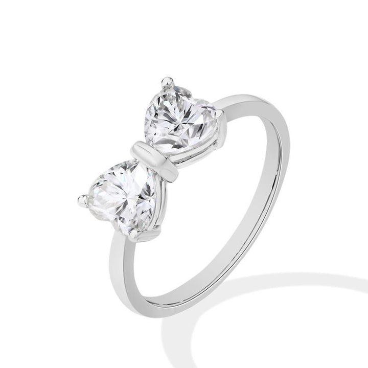 Double Heart Bow Diamond Ring (Girly Silver Tone Statement Band)