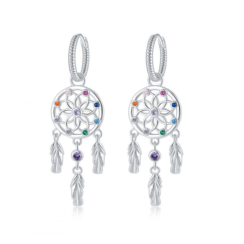S925 Silver Dreamcatcher Feather Hoop Earrings