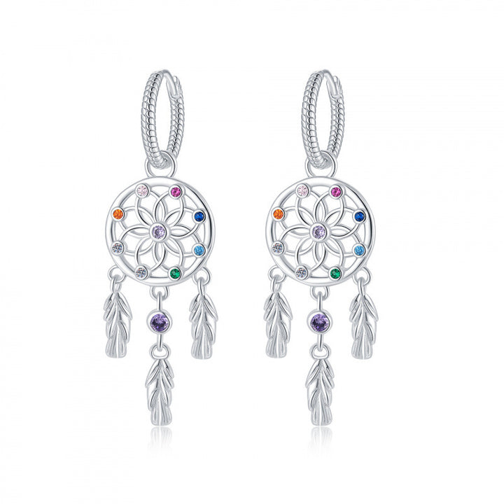 S925 Silver Dreamcatcher Feather Hoop Earrings