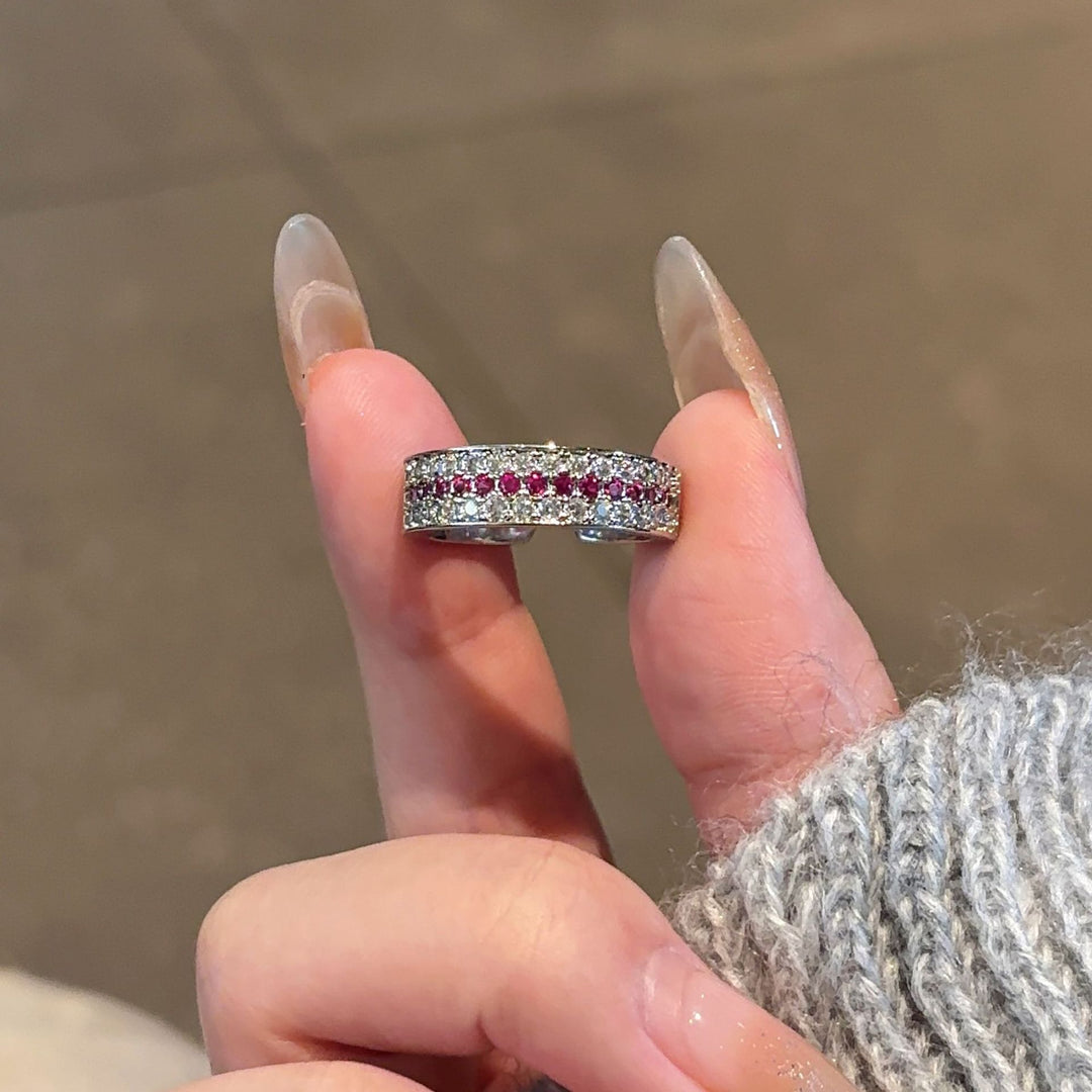 Three-Layer Color Contrast Paved Diamond Open Ring, Adjustable Thin Band Colorful Diamond Statement Ring