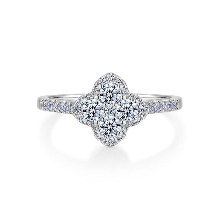 Four-Leaf Clover Pavé diamond Ring (Silver Tone Delicate Engagement Band)