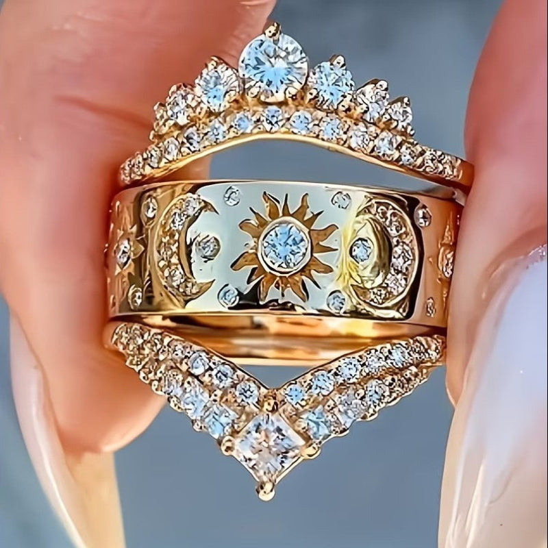 Sun Moon Star 3Pcs Ring Set, Crown V-Shape Vintage Engraved Stacking Bands Gold Silver Bridal Ring Set