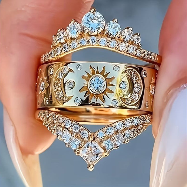Sun Moon Star 3Pcs Ring Set, Crown V-Shape Vintage Engraved Stacking Bands Gold Silver Bridal Ring Set