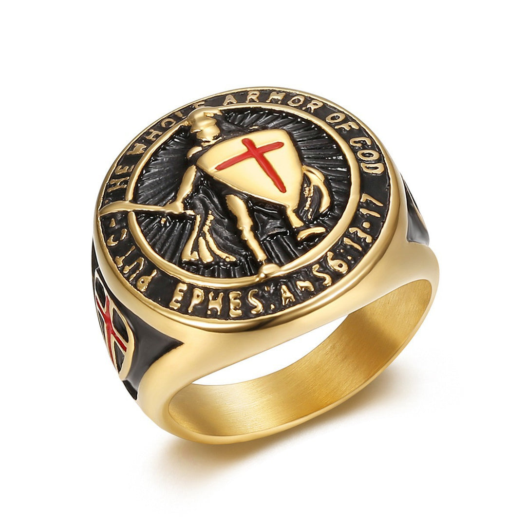 Templar Knight Cross Armor Embossed Round Signet Ring, S925 Silver Gold & Silver Two-Tone Vintage Religious Men’s Band