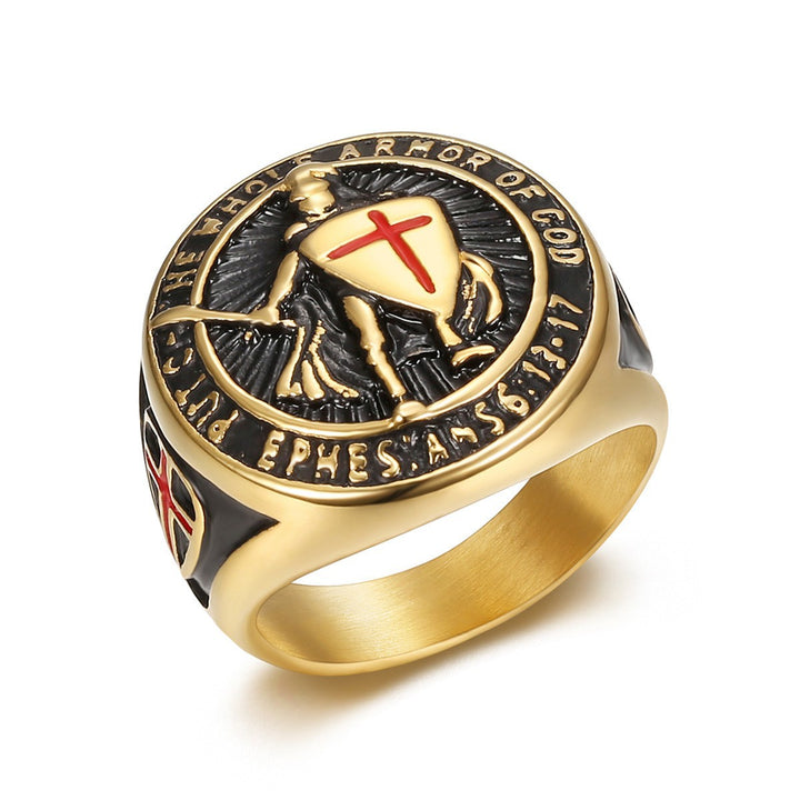 Templar Knight Cross Armor Embossed Round Signet Ring, S925 Silver Gold & Silver Two-Tone Vintage Religious Men’s Band