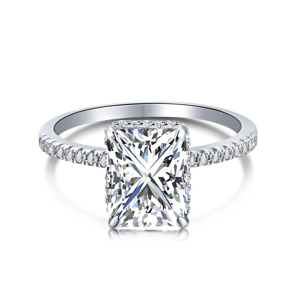 Radiant Cut Rectangular Gemstone Four-Prong Ring, Paved Shank Luxury Engagement Gem Band Multiple Colors