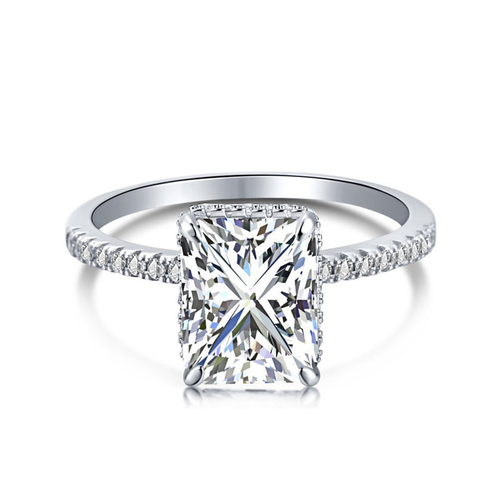Radiant Cut Rectangular Gemstone Four-Prong Ring, Paved Shank Luxury Engagement Gem Band Multiple Colors