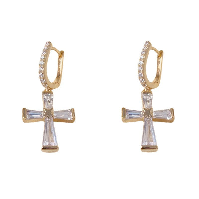 S925 Silver Cross Huggie Earrings, Minimalist Tapered Baguette Diamond Cross Drop Earrings in Gold & Silver