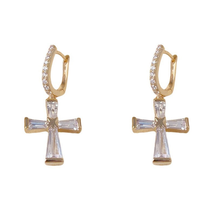 S925 Silver Cross Huggie Earrings, Minimalist Tapered Baguette Diamond Cross Drop Earrings in Gold & Silver