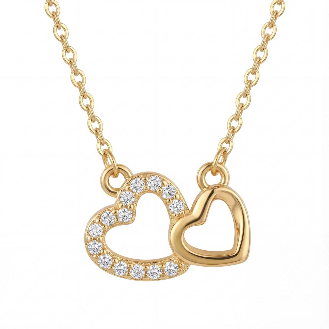 Interlocking Double Heart Paved Diamond Necklace, Minimalist Luxury Dainty Pendant Necklace for Women