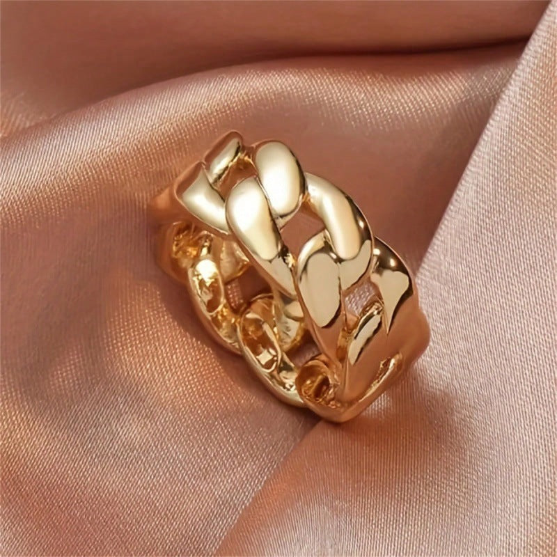 Minimalist 925 silver Cuban Chain Ring, Gold & Silver Neutral Street Trend Wide Band