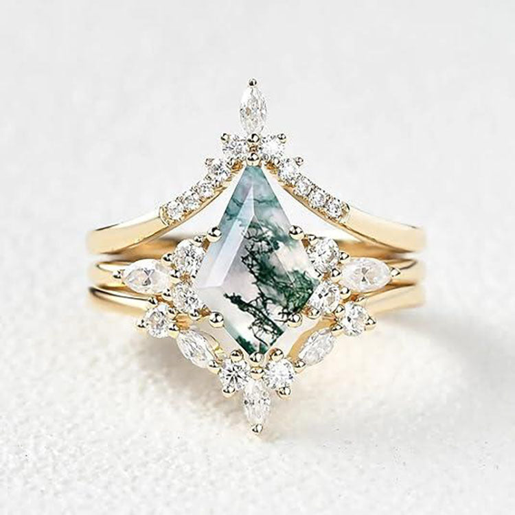 Kite‑Cut Moss Agate Three‑Piece Stackable Ring Set, Three‑Color Options