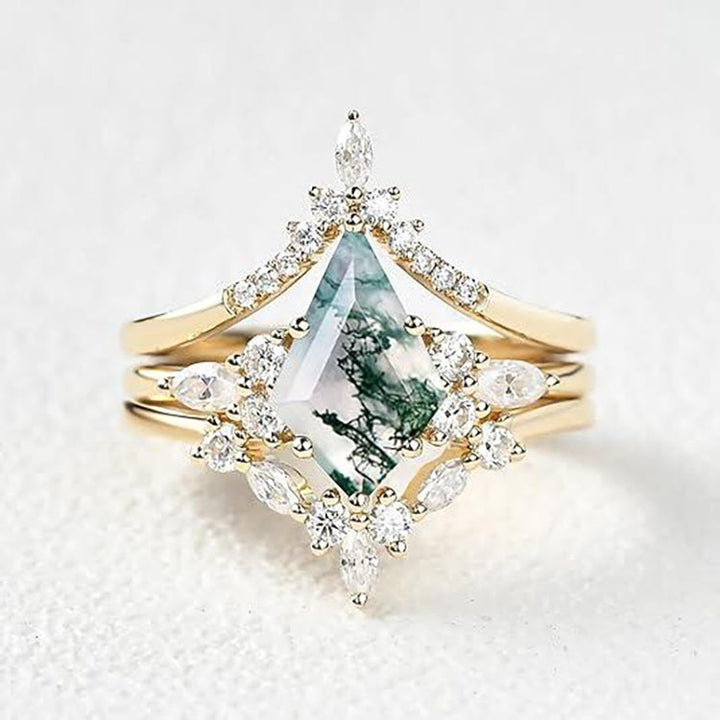 Kite‑Cut Moss Agate Three‑Piece Stackable Ring Set, Three‑Color Options
