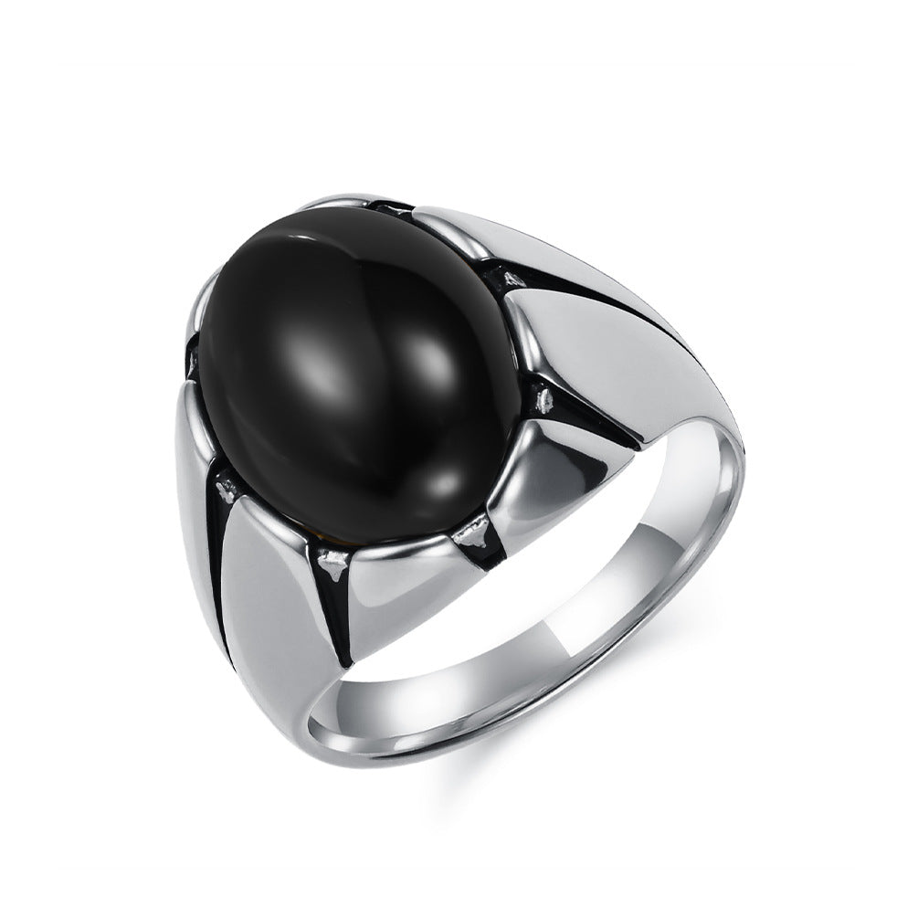 S925 Silver Oval Cabochon Gemstone Men Ring, Geometric Setting Tiger's‑Eye & Black Onyx Wide Band for Men