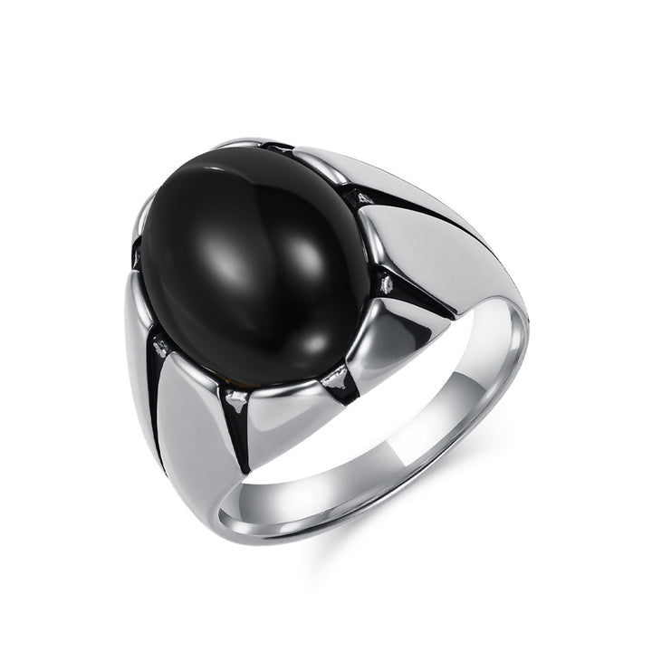 S925 Silver Oval Cabochon Gemstone Men Ring, Geometric Setting Tiger's‑Eye & Black Onyx Wide Band for Men