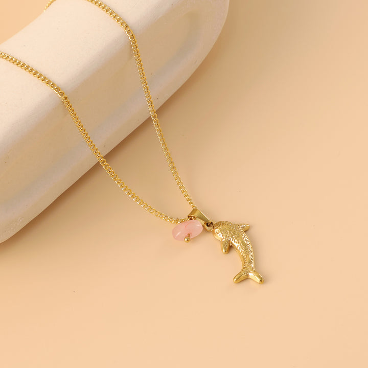 Textured Dolphin Natural Jade Collarbone Necklace, Pink Quartz & Green Aventurine, Gold & Silver Two-Tone Ocean Style Thin Chain