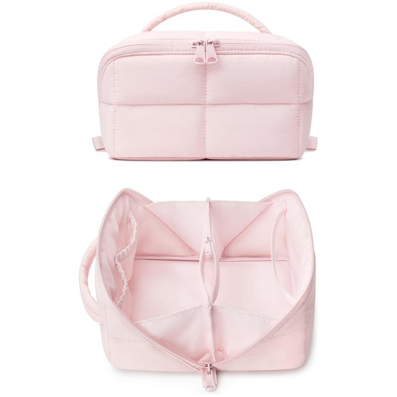Solid Color Quilted Divided Handheld Makeup Bag, Large Capacity Multi-Compartment Portable Toiletry Storage Case