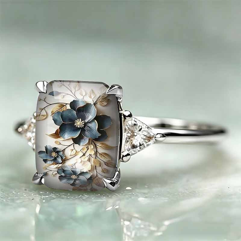 Rectangle‑Shape Blue Floral Printed Ring, Two‑Tone Options