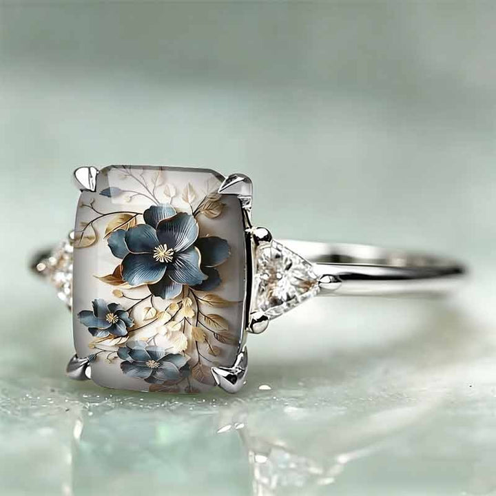 Rectangle‑Shape Blue Floral Printed Ring, Two‑Tone Options