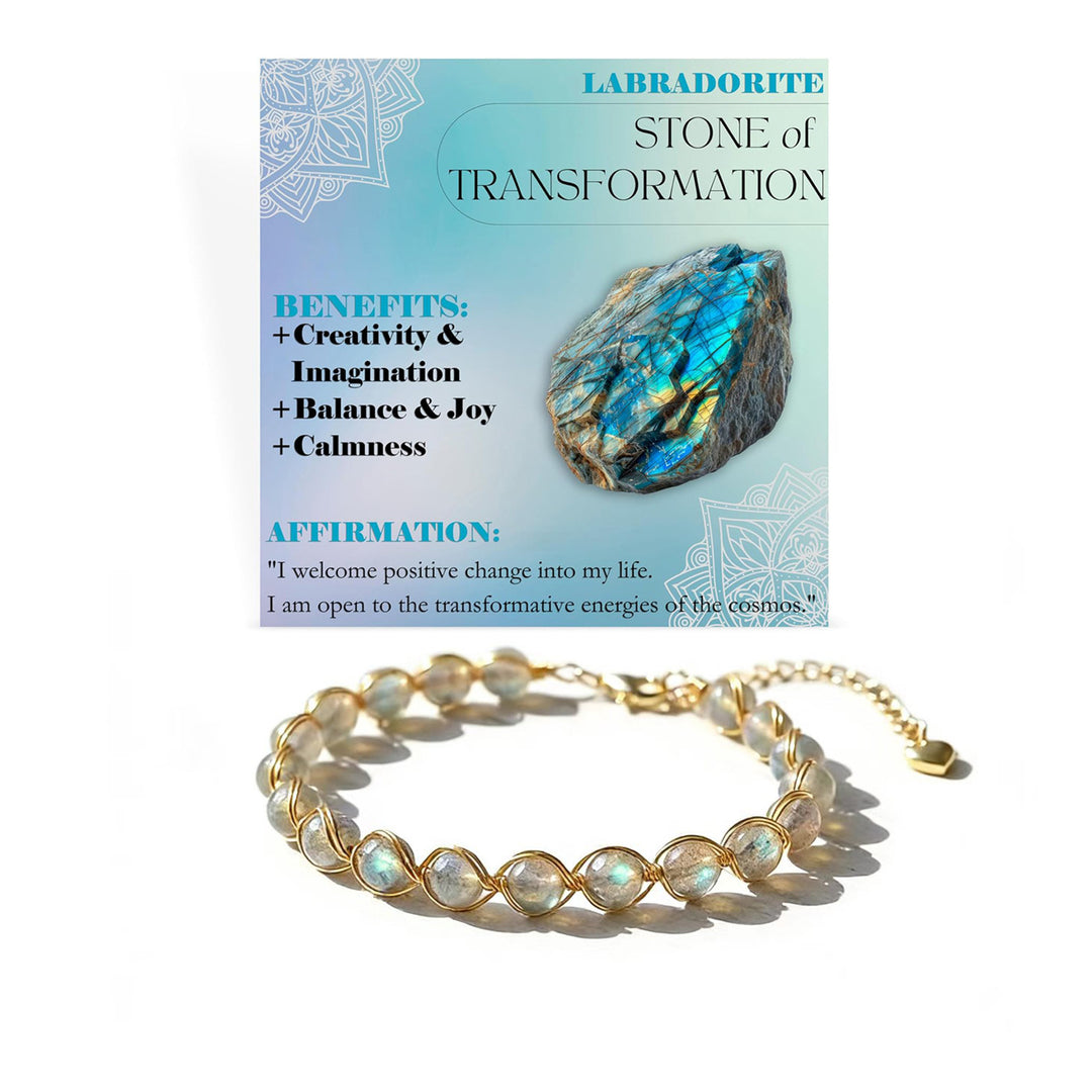 Hand‑Wrapped Natural Crystal Bracelet With Heart‑Shaped Extender, 4 Colors Available