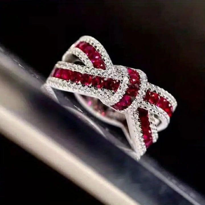 S925 Silver Interwoven Bow Color Gemstone Ring, Red & Blue Gem Pave‑Set Luxury Wide Band for Women