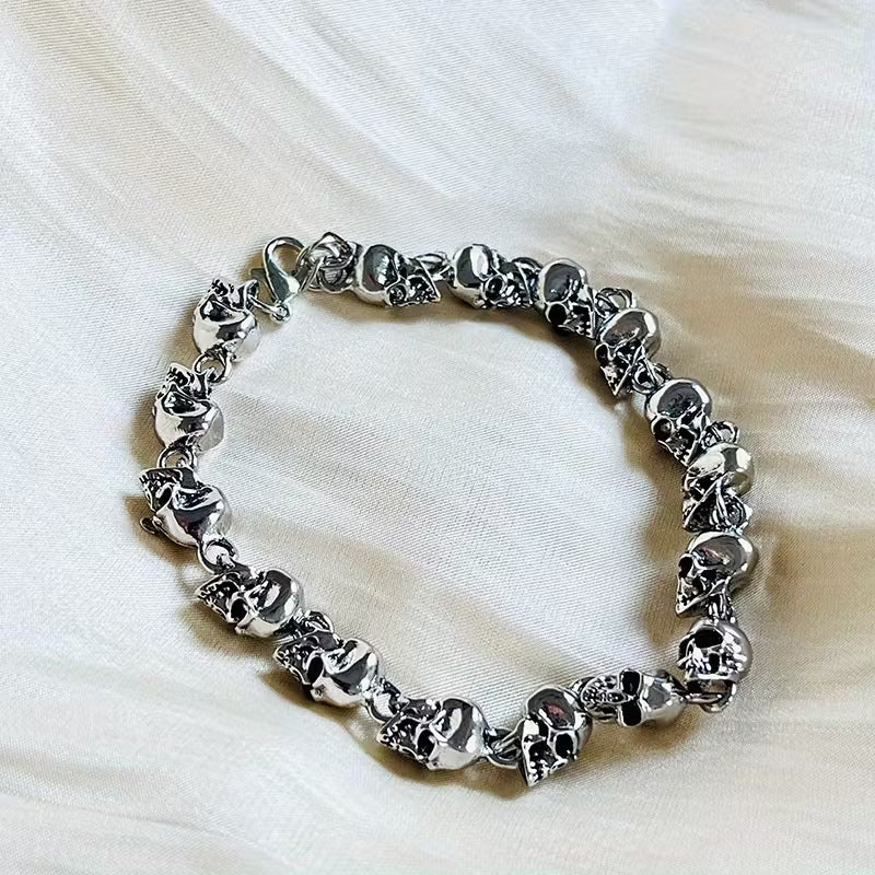 S925 Silver Clasp Vintage Skull Linked Bracelet, Gothic Dark Style Unisex Wrist Jewelry, Silver / Black Gun Two Tones