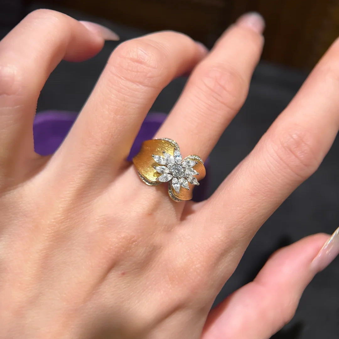 Brushed Finish Flower Diamond Statement Ring (2 Colors Luxury Delicate Band)