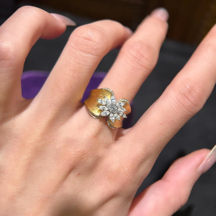 Brushed Finish Flower Diamond Statement Ring (2 Colors Luxury Delicate Band)